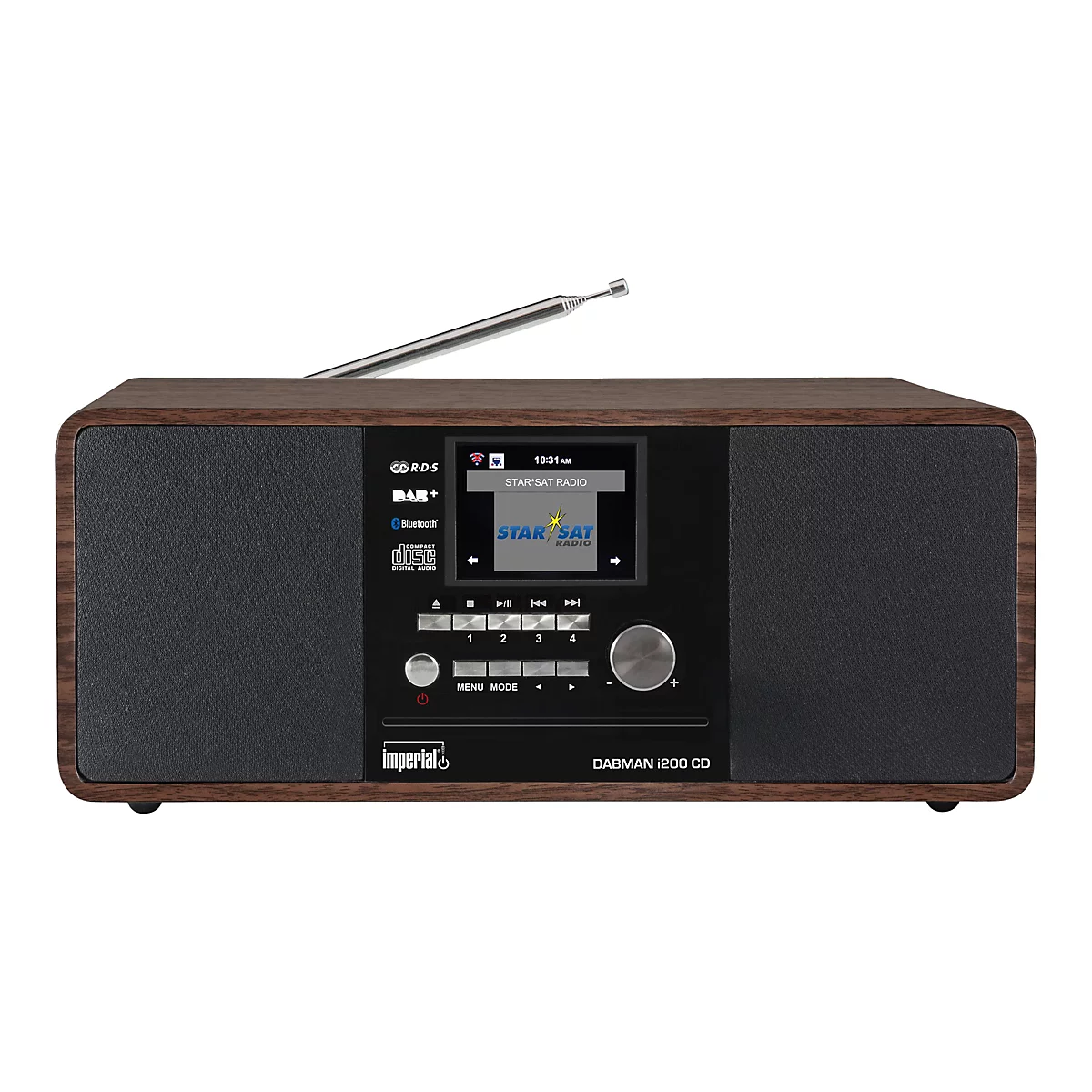 Digitalradio Imperial DABMAN i200 CD mit Holzgehäuse, Display, CD-Schlitz und Tasten vor weißem Hintergrund.