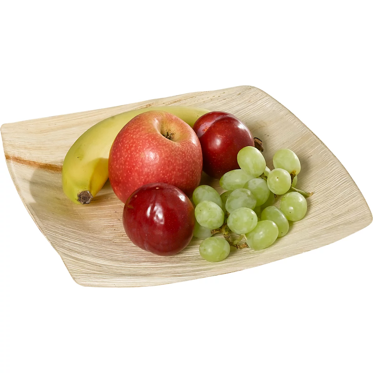 Auf einem Holz-Tablett liegen: Banane, Apfel, Pflaumen und grüne Weintrauben.
