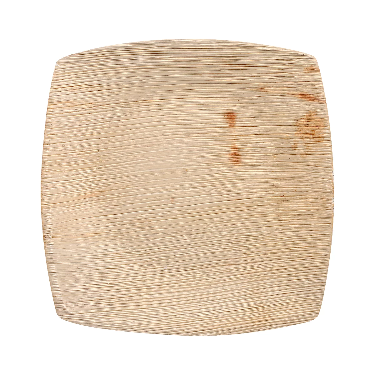 Quadratischer, hellbrauner Teller mit leicht abgerundeten Ecken. Die Oberfläche weist eine feine, holzähnliche Maserung auf.