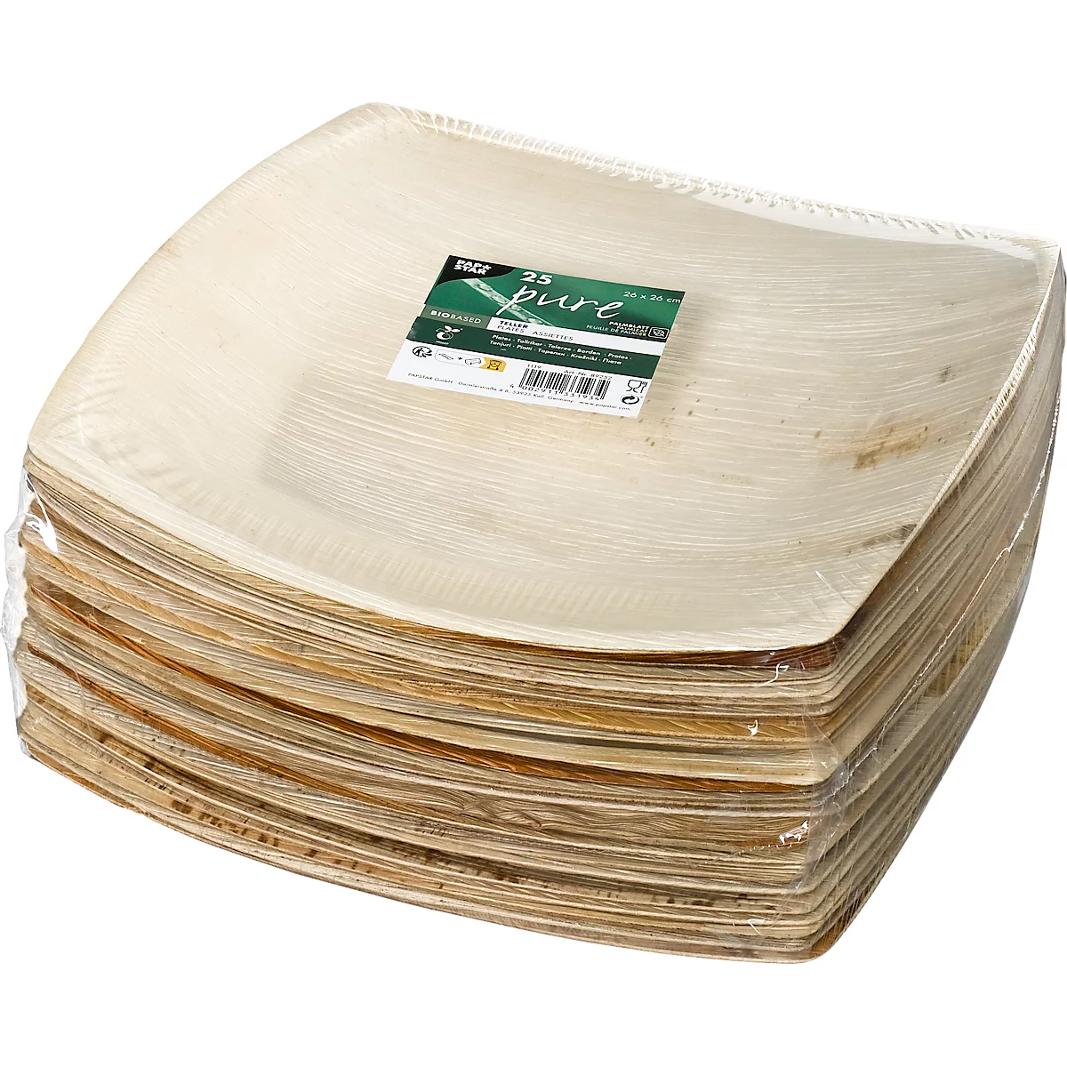 Ein Stapel quadratischer Teller aus hellem Holz, verpackt in Folie. Auf einem Teller Klebezettel mit Text.