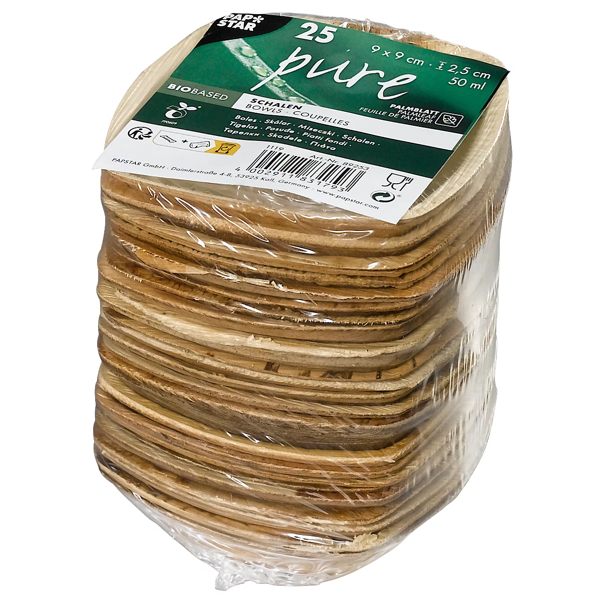 Ein Stapel quadratischer, brauner Schalen in Plastik verpackt, mit Aufdruck "pure".
