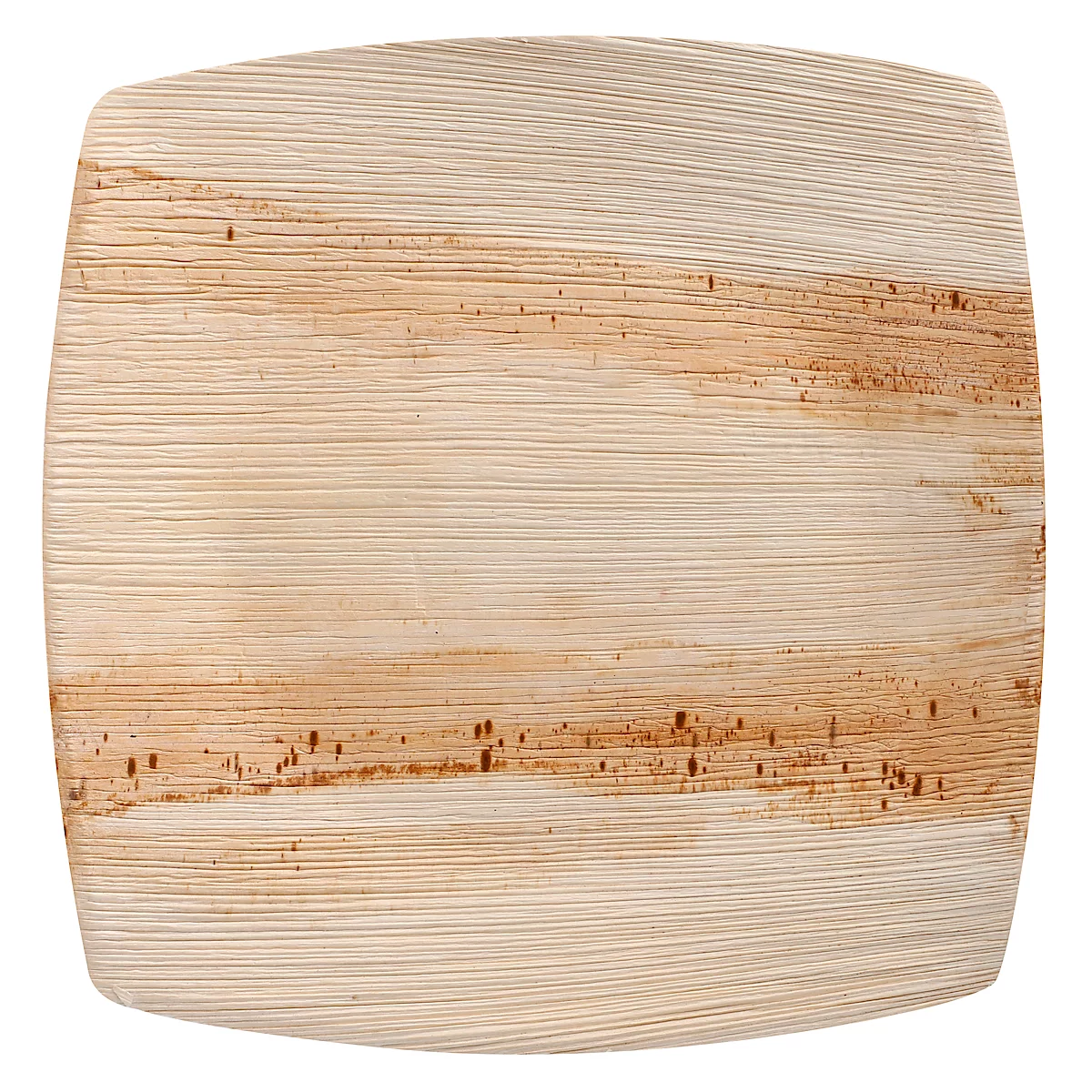 Quadratischer Teller aus hellem Holz, mit abgerundeten Ecken und Maserung.