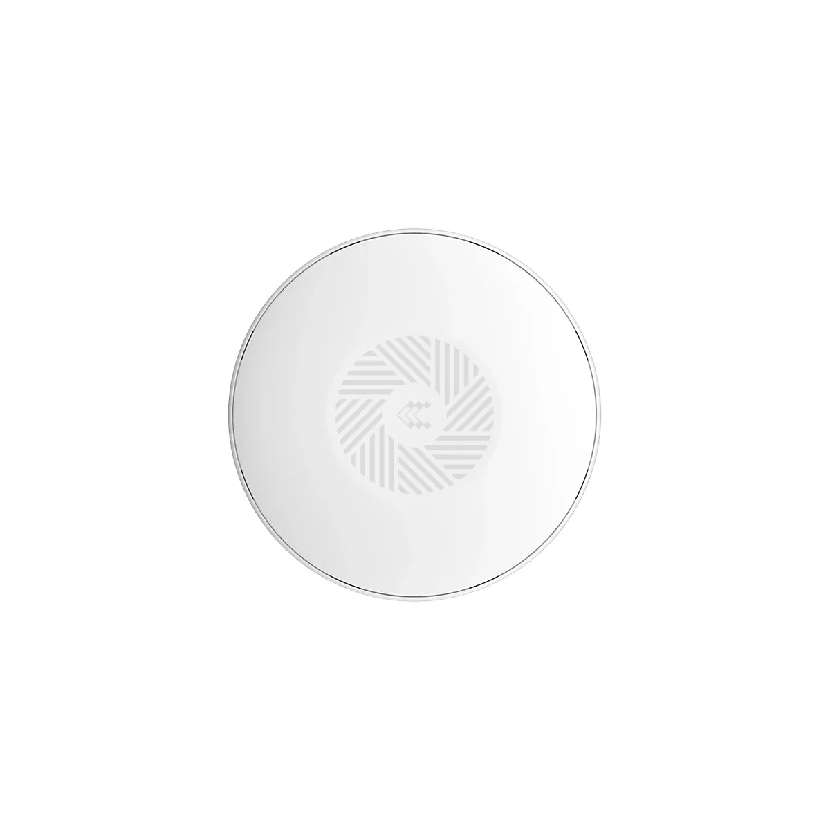 Objet rond et blanc avec un bord argenté et un motif géométrique au centre.