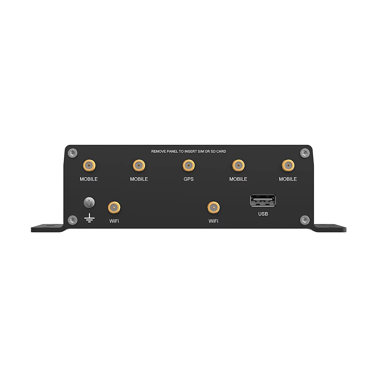 Schwarzes Gerät mit Anschlüssen für Mobile, GPS, WiFi und USB. Aufschrift: 'REMOVE PANEL TO INSERT SIM OR SD CARD'.