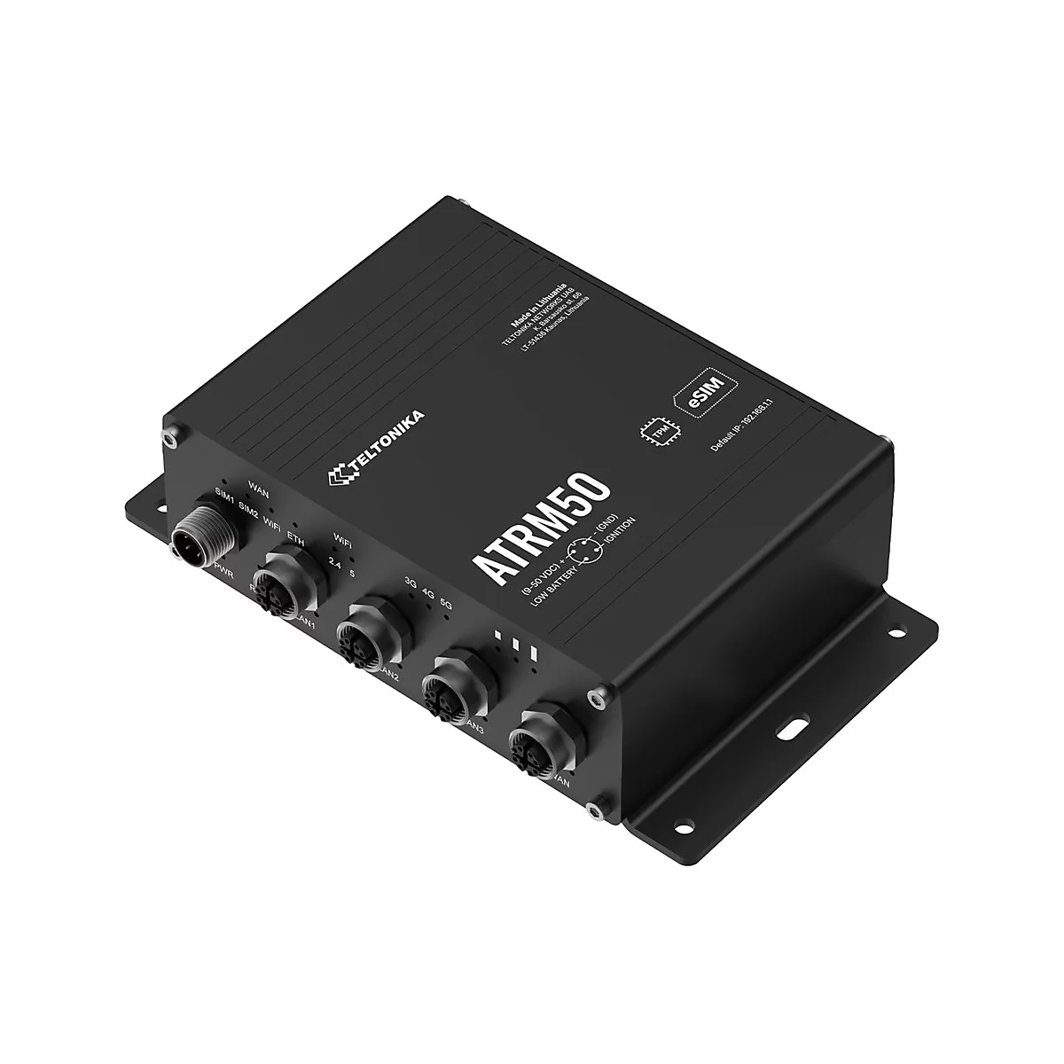 Schwarzes ATRM50 Gerät von Teltonika, mit Anschlüssen, SIM, und WiFi. Aufschrift: eSIM, ATRM50, WiFi.