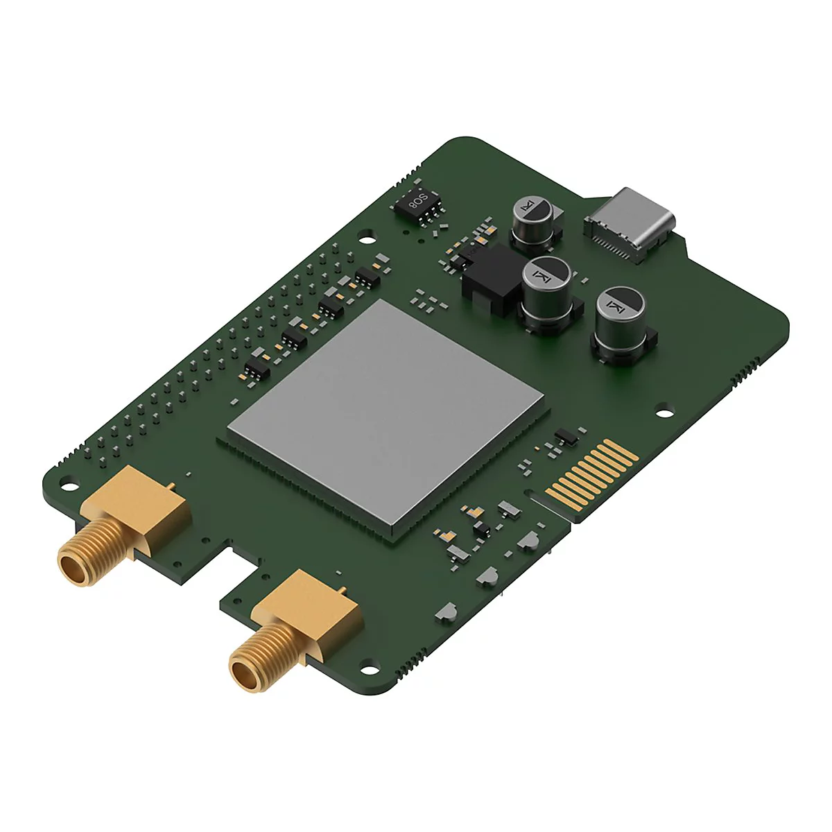 Grüne Platine mit goldenen Steckern, vielen elektronischen Bauteilen und einem USB-C-Anschluss.