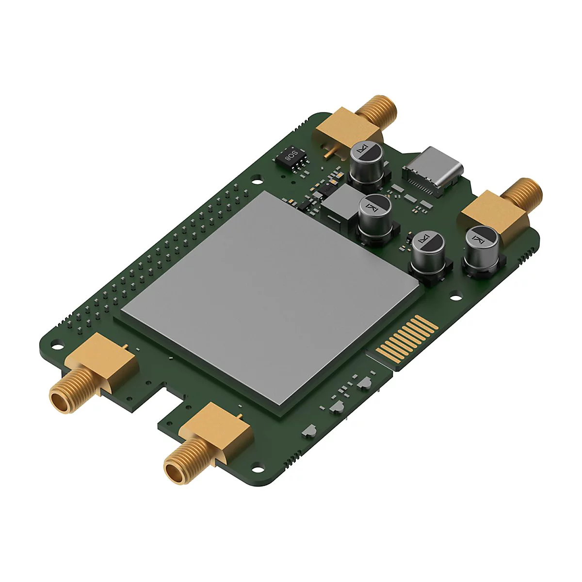 Grüne Platine mit goldenen Steckern und silbernen Komponenten. Auf der Platine sind kleine Beschriftungen zu sehen.