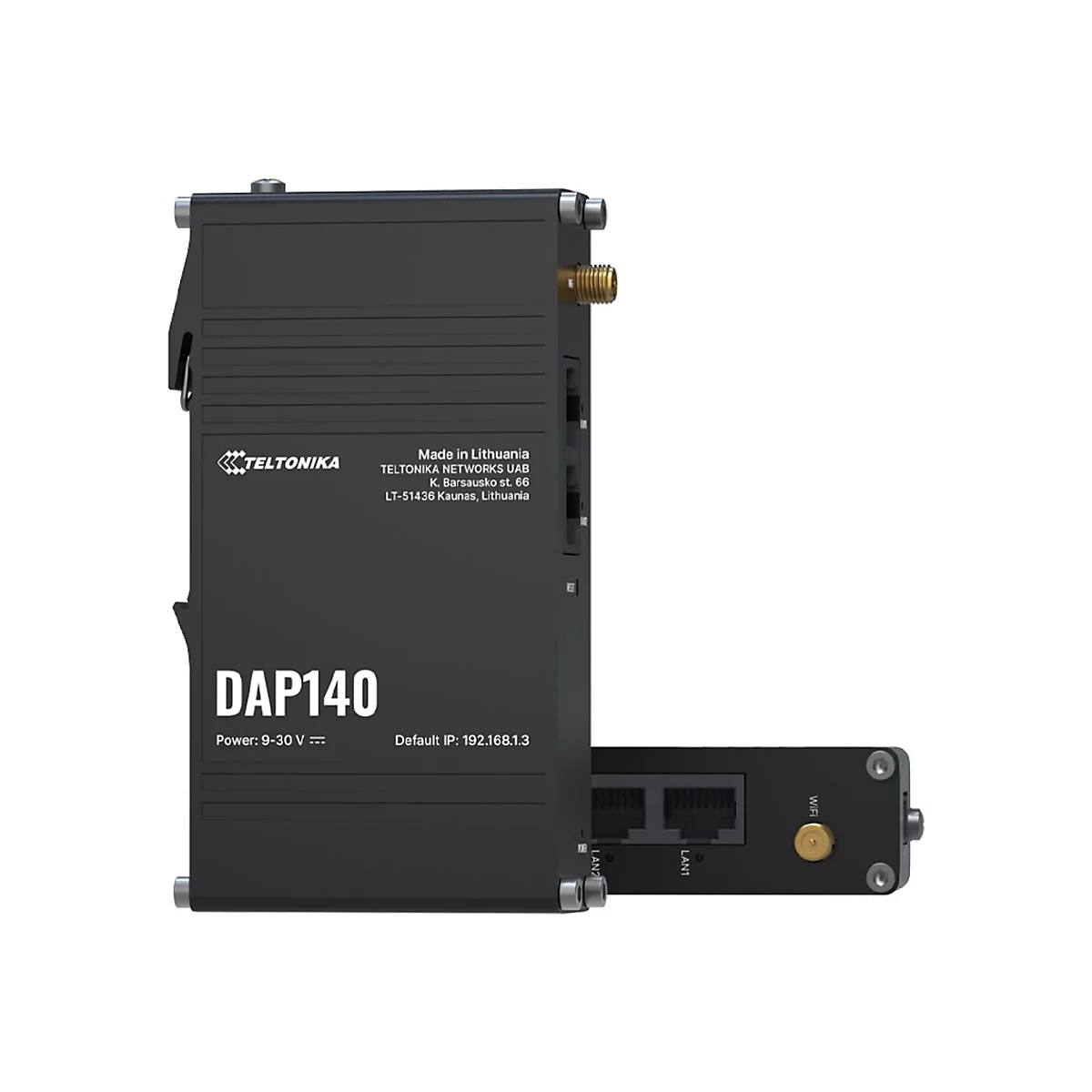 Schwarzes Netzwerkgerät mit Beschriftung DAP140, Anschlüssen und Firmenlogo.
