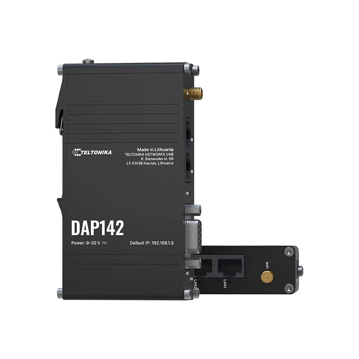 Schwarzes Netzwerkgerät mit LAN-, WIFI- und Stromanschlüssen. Beschriftung: DAP142, Teltonika. Informationen über Hersteller und IP-Adresse sind ebenfalls sichtbar.