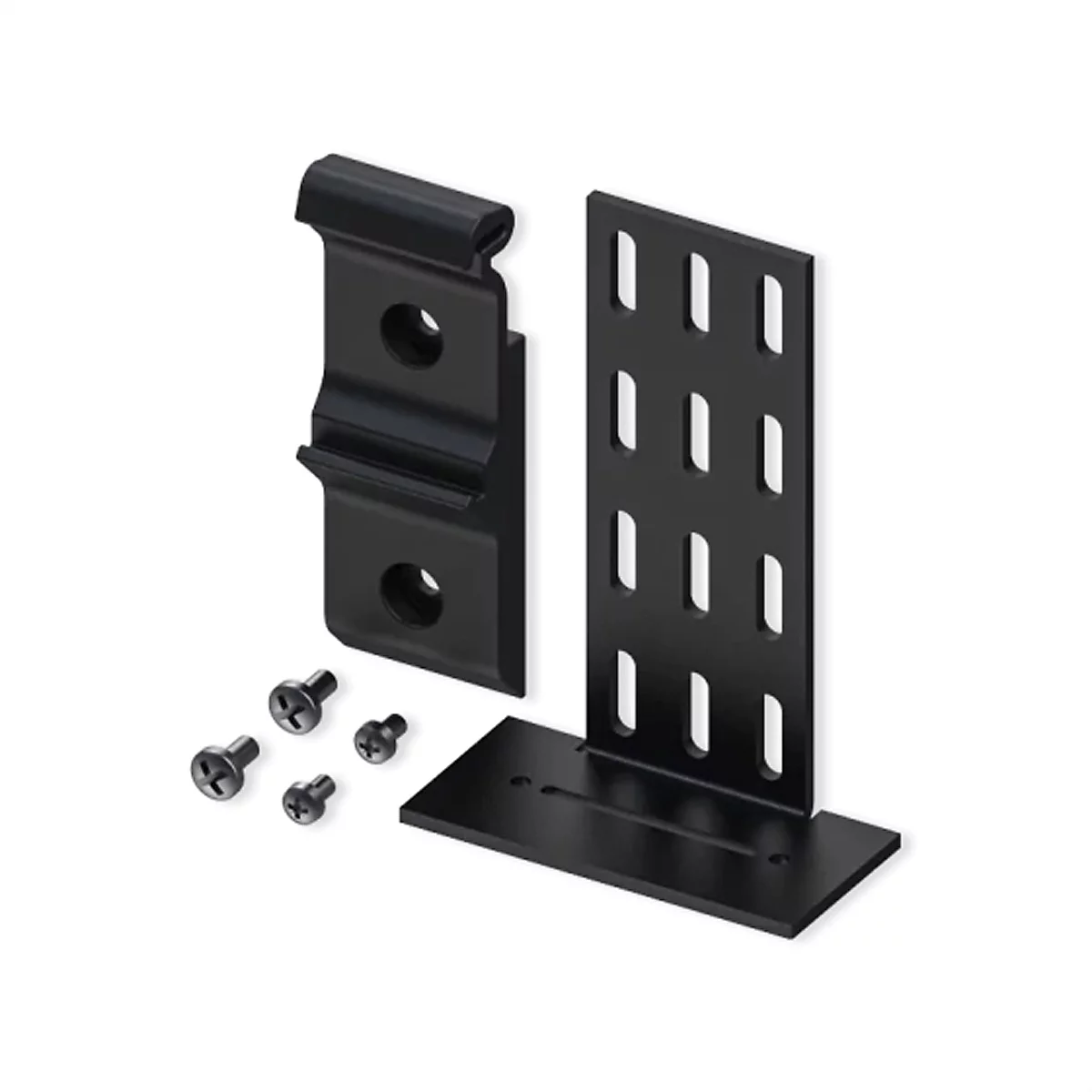 Schwarze Rack-Halterung, bestehend aus zwei Winkeln, vier Schrauben und einem Grundplattenabschnitt.