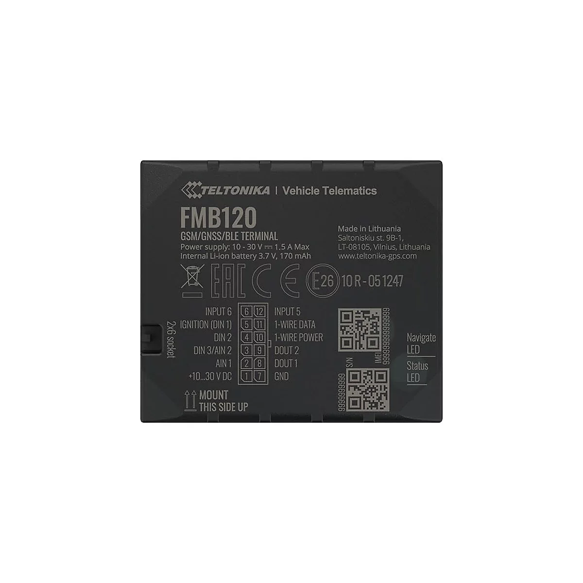 Schwarzes Gerät mit Text, darunter: FMB120, GSM/GNSS/BLE TERMINAL, technische Daten und Kontaktinformationen.