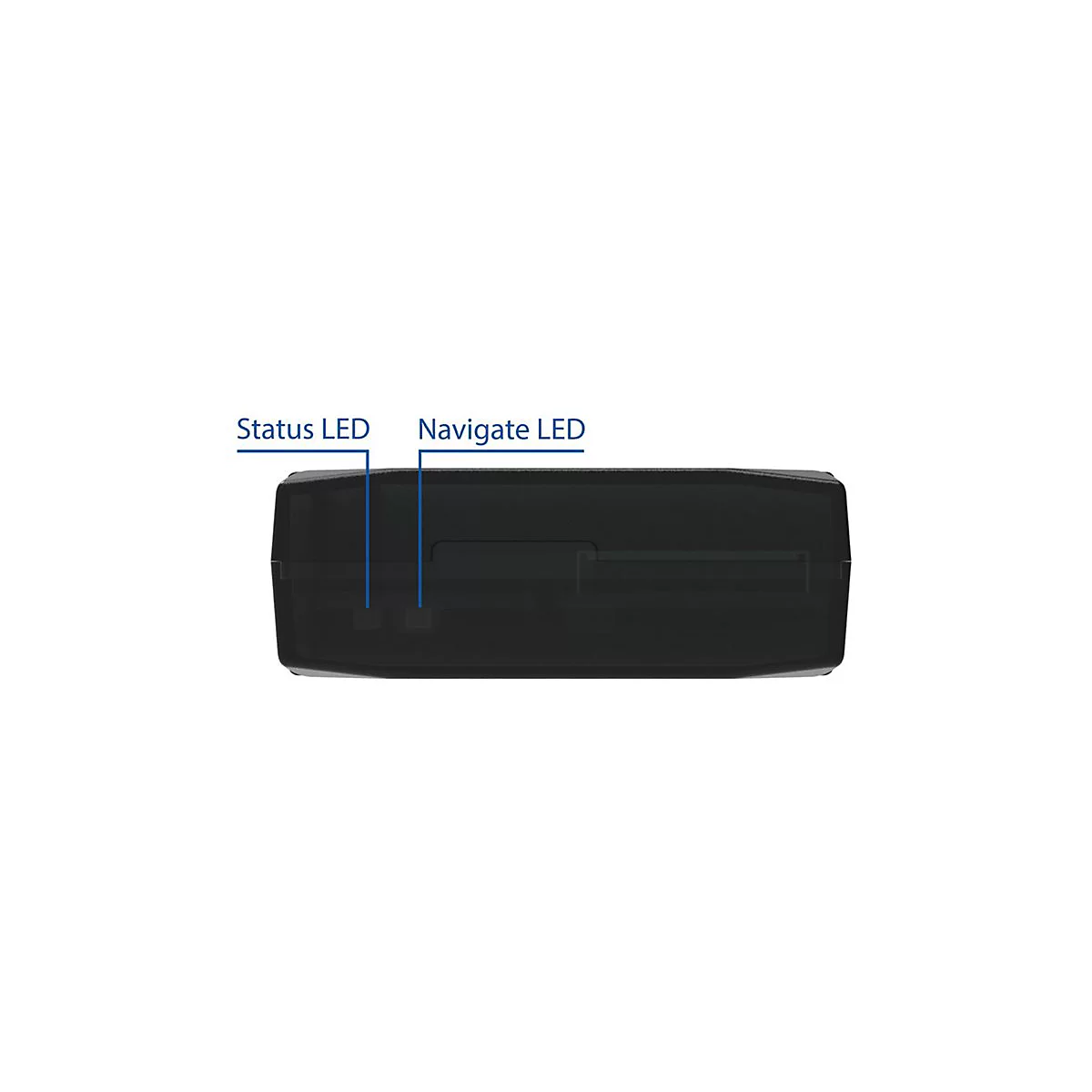 Schwarzes technisches Gehäuse mit zwei markierten LED-Anzeigen für Status und Navigation.