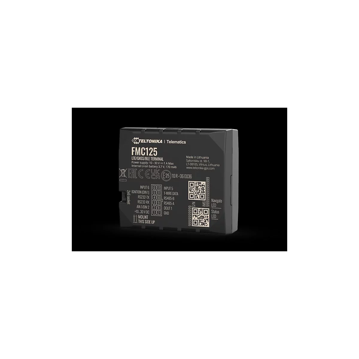 Schwarzes Teltonika FMC125 LTE/GNSS/BLE Terminal mit technischen Spezifikationen und Anschlussplan auf der Vorderseite.