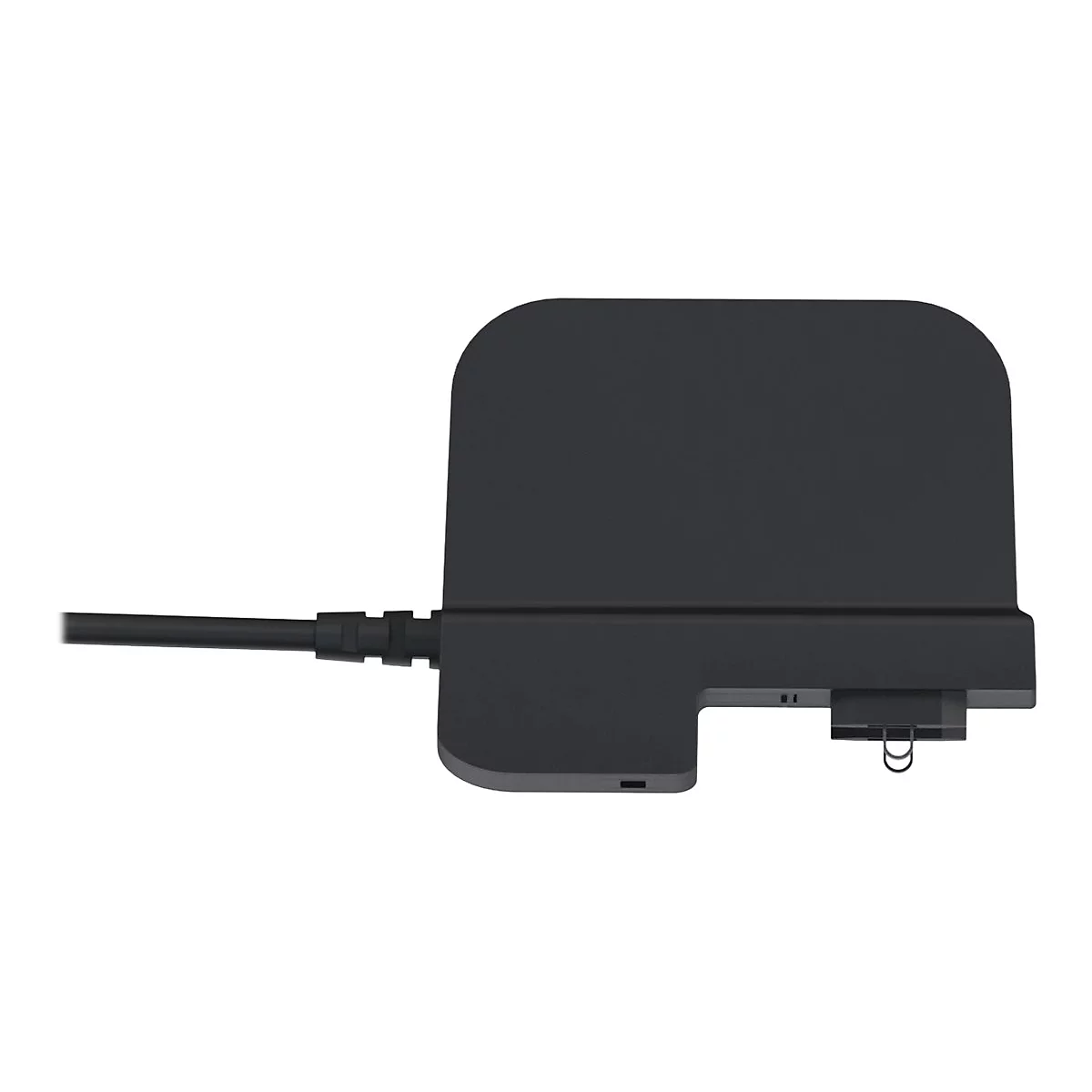 Schwarzer Adapter mit Kabel und USB-Anschlüssen. Der Adapter hat eine rechteckige Form mit abgerundeten Ecken und einer kleineren, ausziehbaren Einheit.