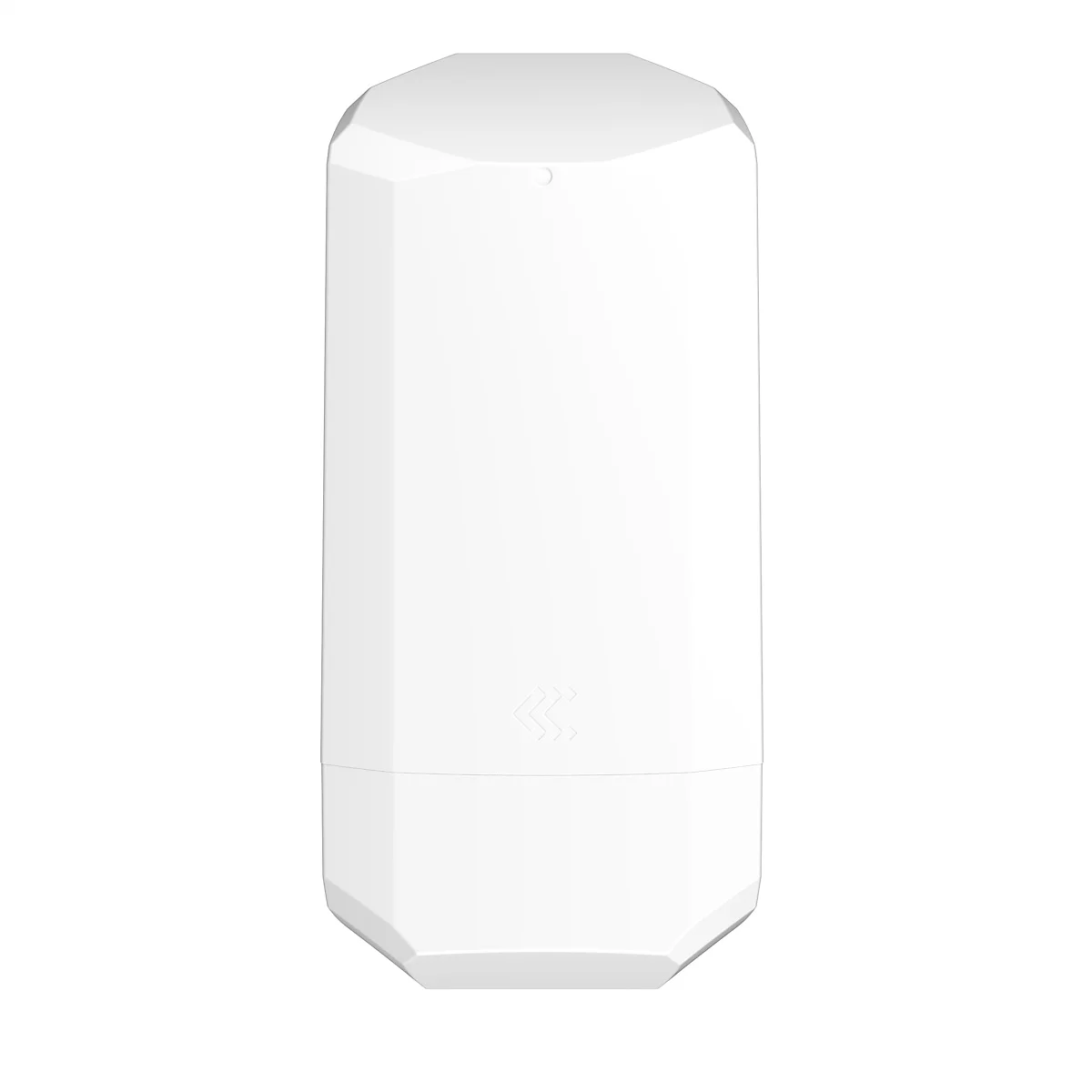 Ein weißes, zylindrisches Gerät mit abgeschrägten Kanten und einem Pfeilsymbol. Auf weißem Hintergrund.