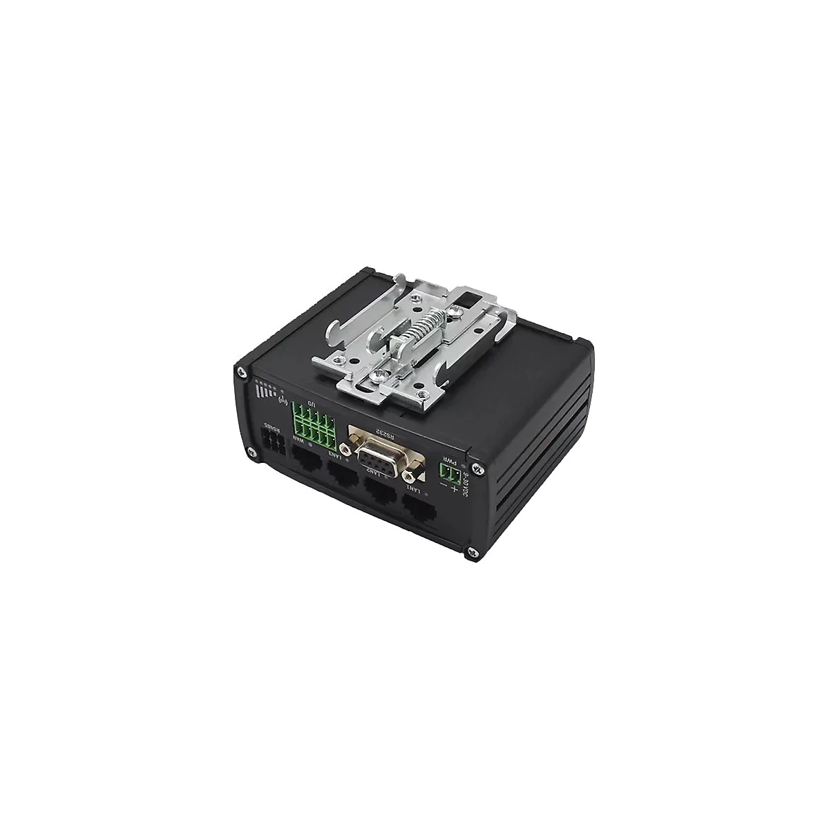 Appareil noir avec ports, support et vis. Ports étiquetés: I/O, WAN, LAN1, LAN2, LAN3, RS232, PWR et 9-30VDC.