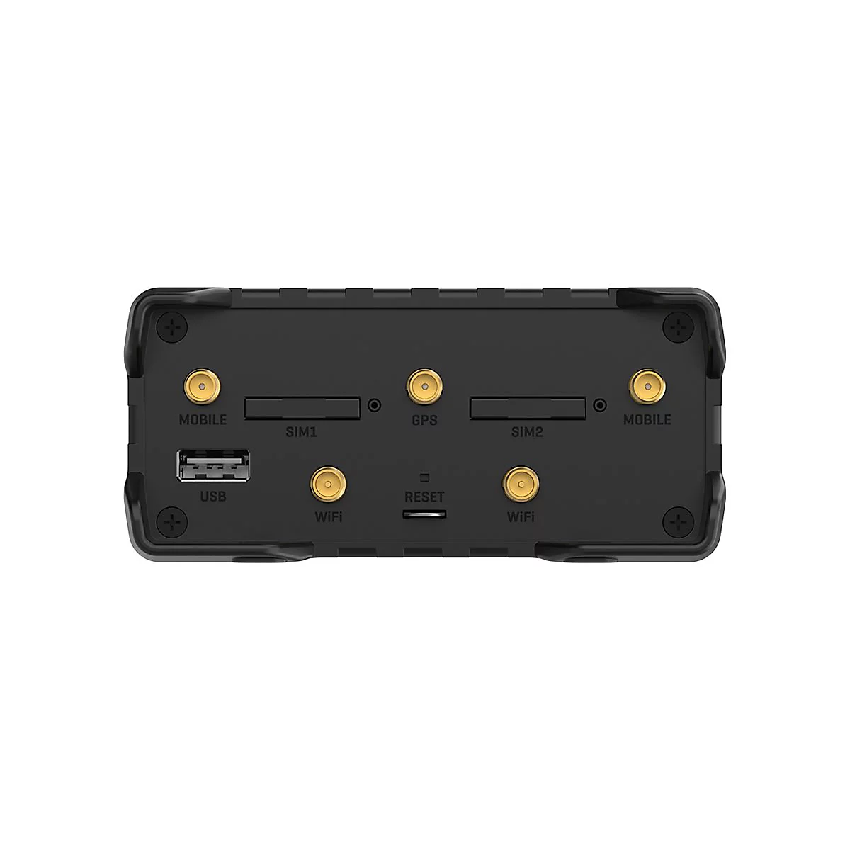 Appareil noir avec connexions USB, carte SIM, GPS et WiFi. Étiquettes : MOBILE, SIM1, GPS, SIM2, RESET, WiFi.