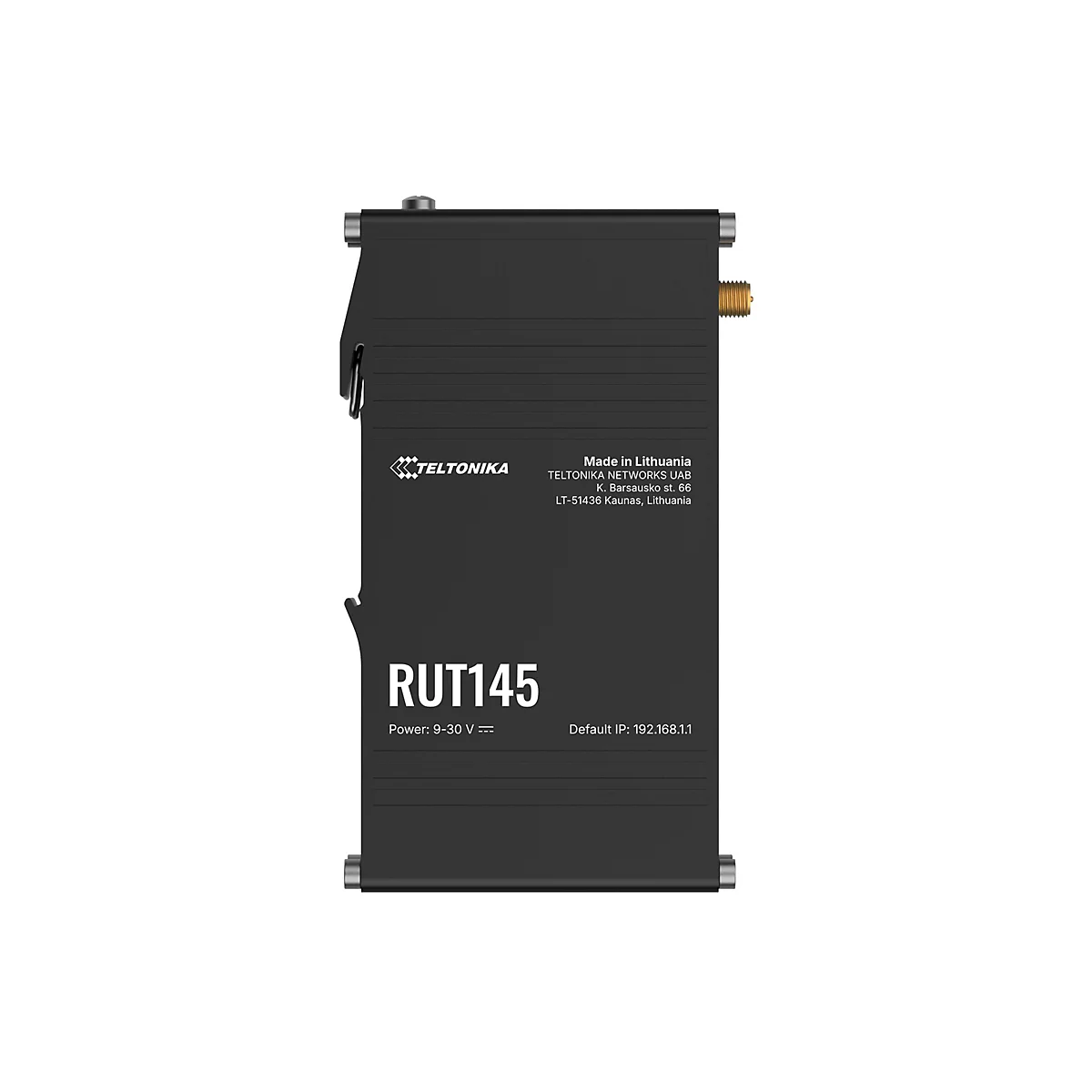 Schwarzer Router mit "TELTONIKA" Logo und "RUT145" Beschriftung, Details wie 'Made in Lithuania' und technische Daten.