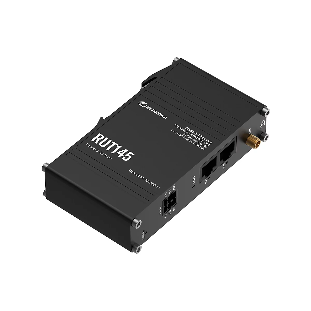 Schwarzer Router mit "RUT145" Schriftzug und Logos. Verschiedene Anschlüsse und Informationen sind ebenfalls abgebildet.