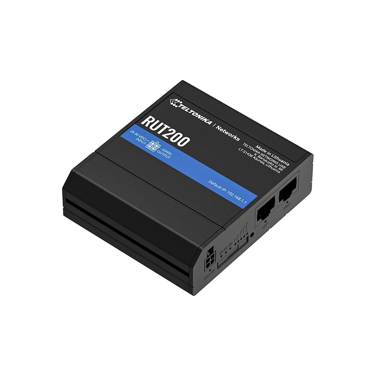 Ein schwarzer Teltonika RUT200 Router, diagonale Ansicht. Beschriftungen: RUT200, Eingänge, Ausgänge, Default IP, Teltonika Networks.