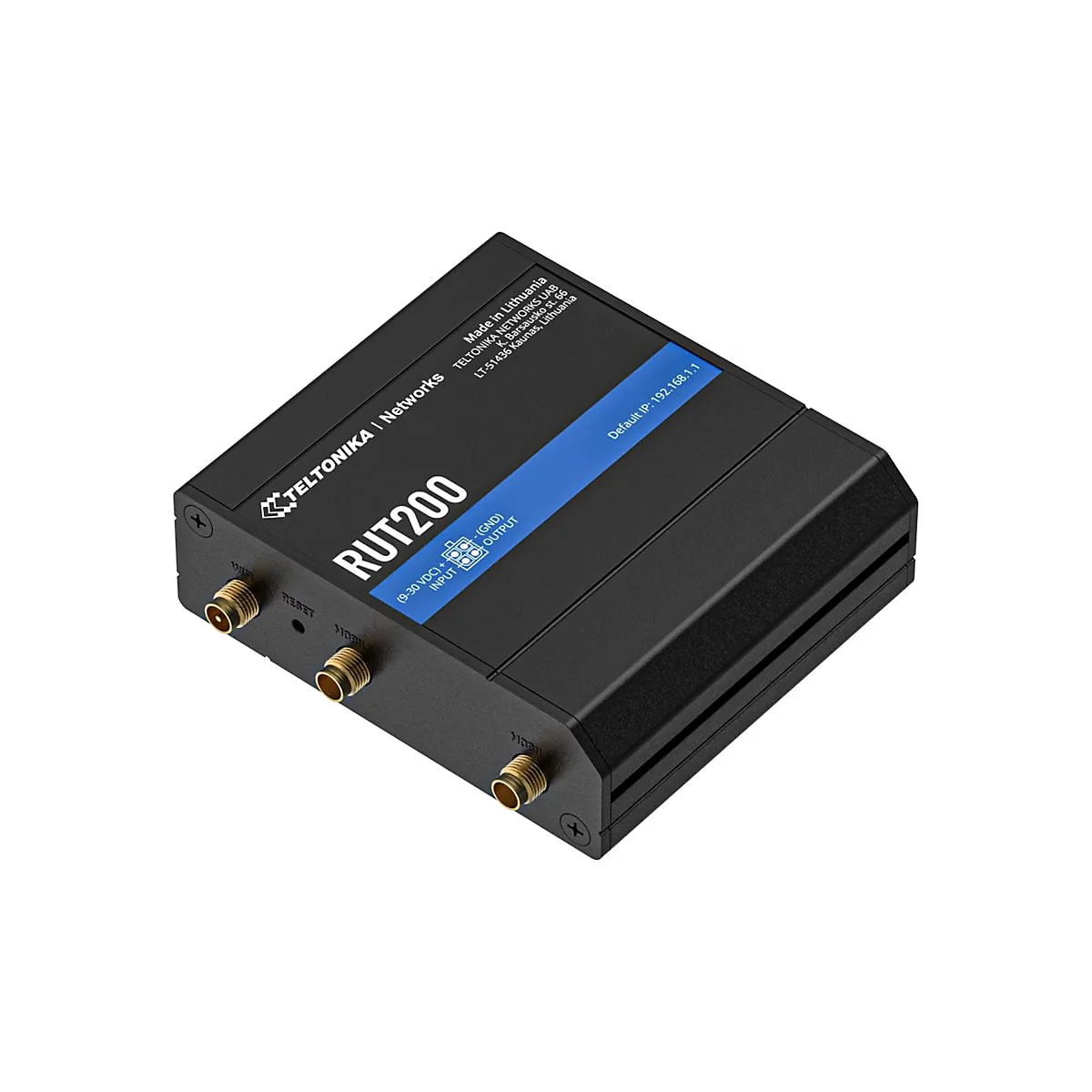 Schwarzer Router mit blauen Akzenten, darunter die Aufschrift RUT200, Anschlüssen und Firmenlogo. Aufschrift: Made in Lithuania.