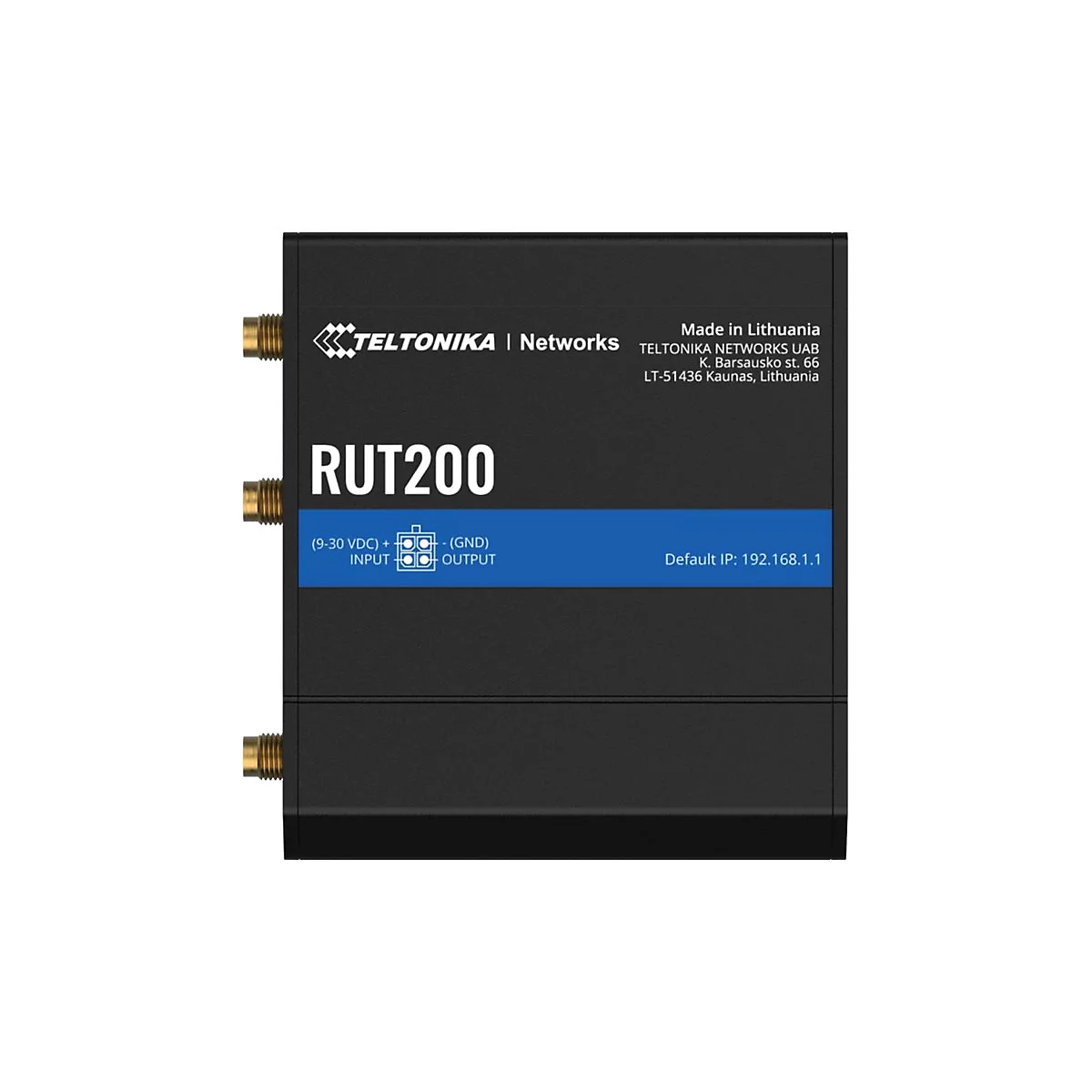 Schwarzer Router mit "RUT200"-Schriftzug und technischen Informationen. Oben links das Logo von TELTONIKA, rechts Herstellerangaben.