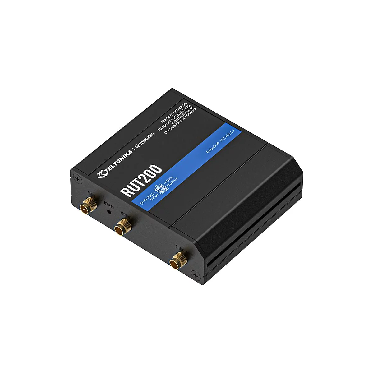 Ein schwarzes RUT200-Gerät mit Anschlüssen, Logo und Beschriftung. Blaue Leiste mit "Default IP: 192.168.1.1".