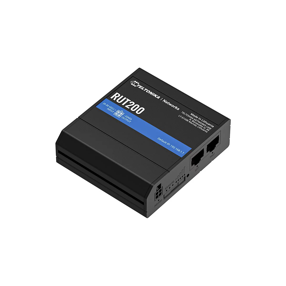 Ein schwarzes RUT200-Modem mit blauen Akzenten, Anschlüssen und weißen Beschriftungen.