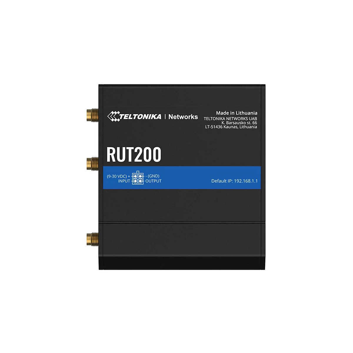 Schwarzer Router mit "RUT200"-Schriftzug, Anschlüssen und "TELTONIKA"-Logo. Informationen zu Hersteller und IP-Adresse sind auch zu sehen.