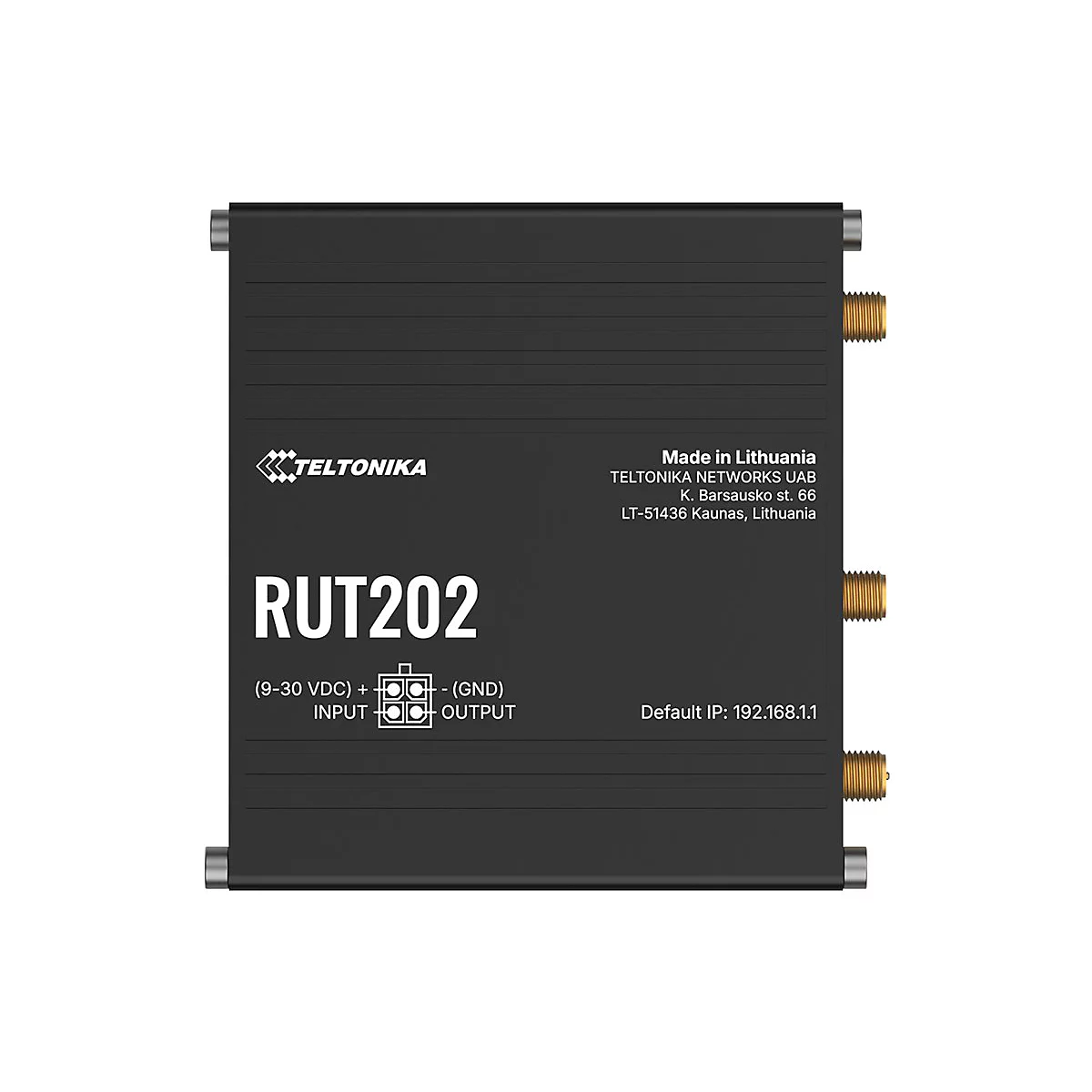 Schwarzer Router mit "TELTONIKA" Logo und "RUT202" Schriftzug. Anschlüsse und technische Daten sind ebenfalls zu sehen.