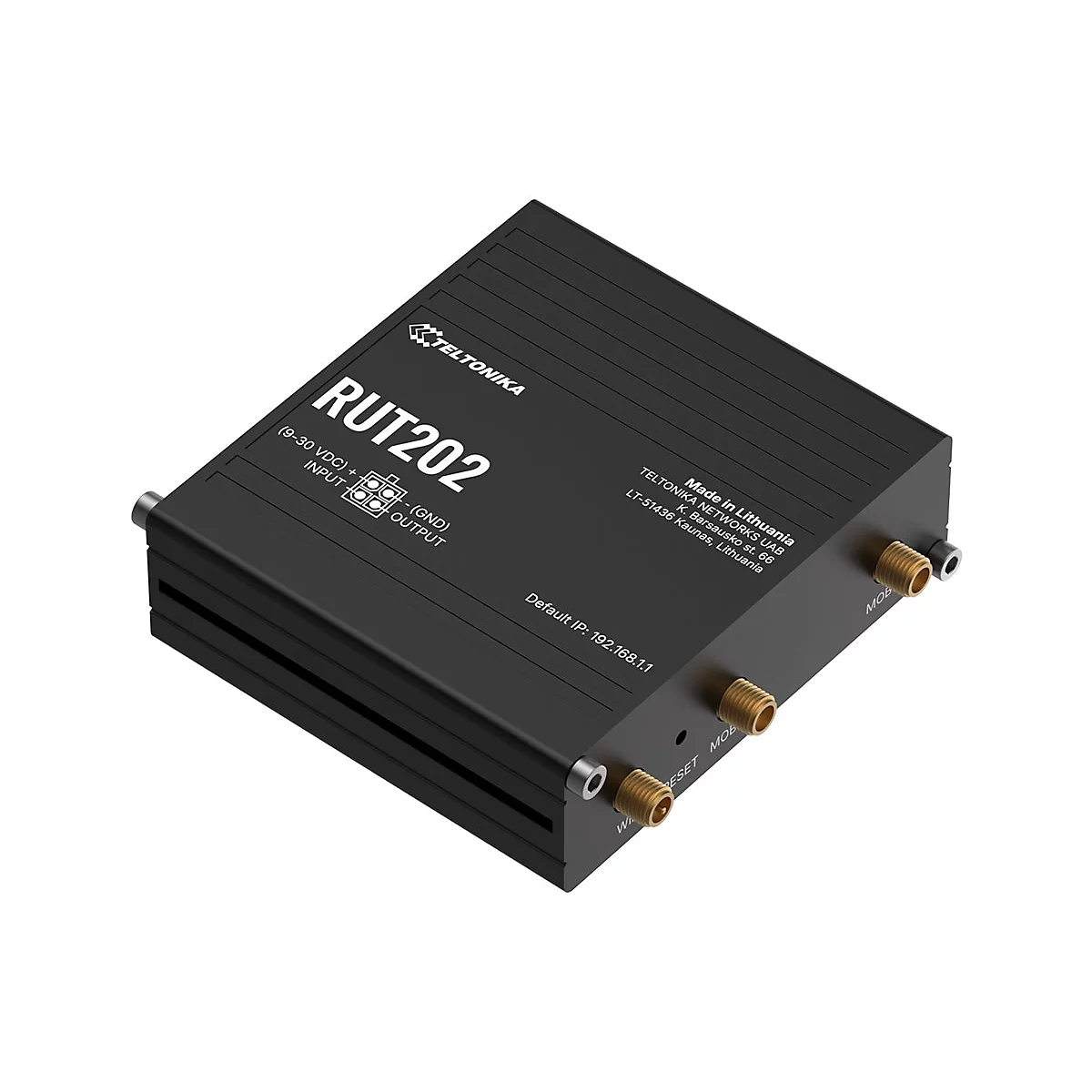 Ein schwarzer Teltonika RUT202 Router, mit Anschlüssen und Schriftzügen versehen, liegt auf hellem Hintergrund.