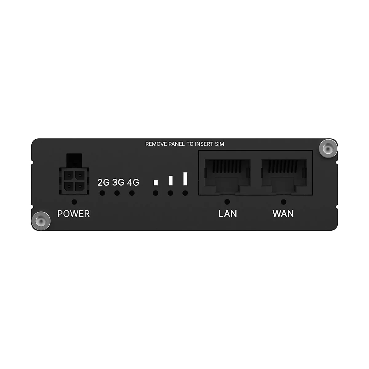 Schwarzes Router-Panel mit Text: POWER, LAN, WAN, 2G 3G 4G und 'REMOVE PANEL TO INSERT SIM'.