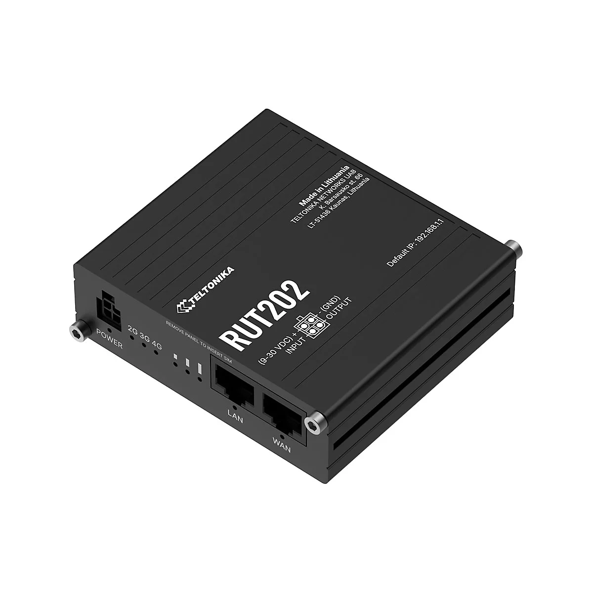 Schwarzer Router von Teltonika, Modell RUT202. Aufschrift: 2G 3G 4G, LAN, WAN, Power und SIM-Einschub.