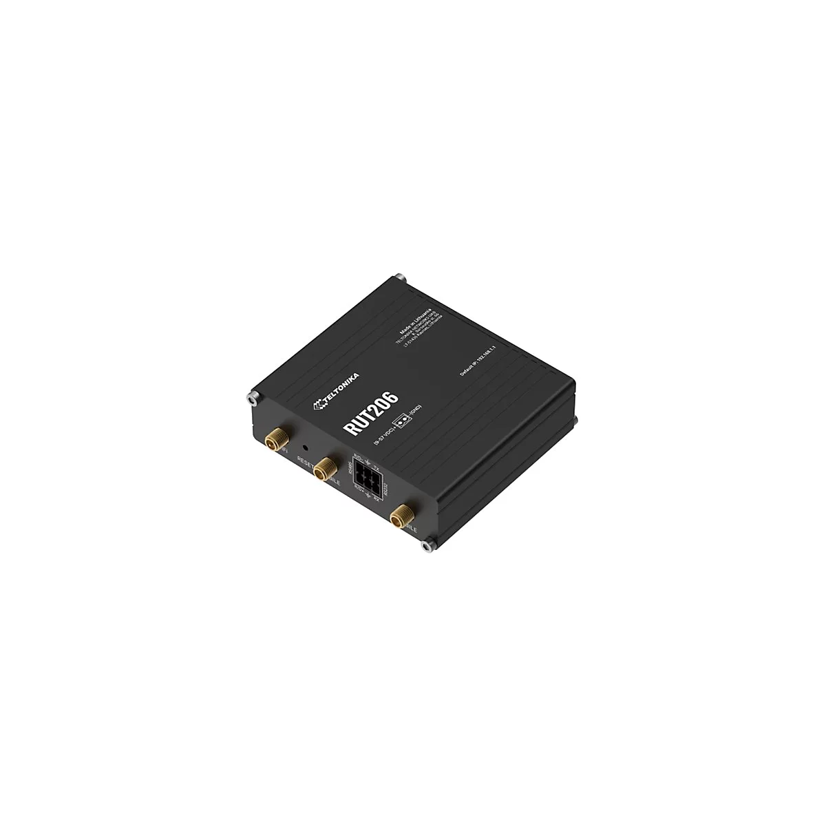 Schwarzer Router RUT206 mit Antennen, Beschriftung: TELTONIKA, Reset, WiFi, RS485, Default IP 192.168.1.1, hergestellt in Litauen.