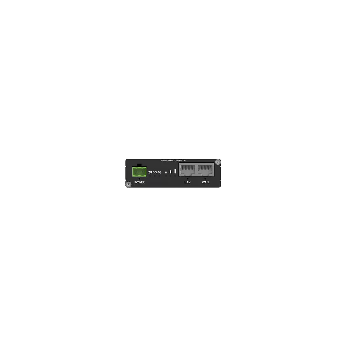 Schwarzes elektronisches Gerät mit Anschlüssen und Anzeigen. Aufschrift: Power, LAN, WAN, 2G, 3G, 4G.