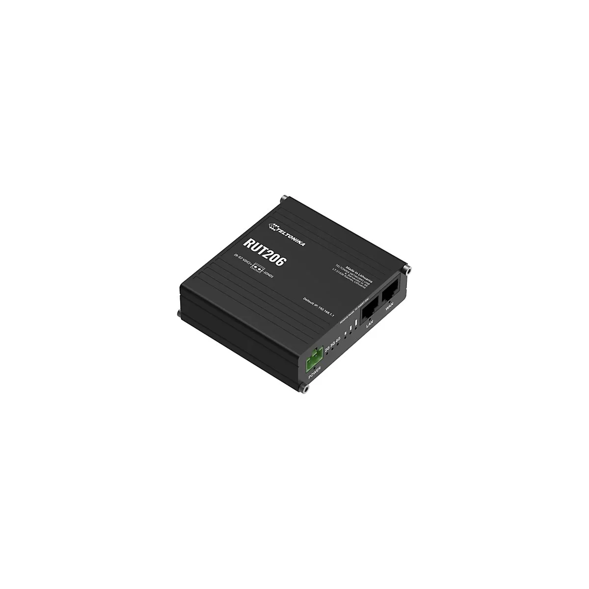 Schwarzer Router RUT206, von oben betrachtet. Beschriftung: Teltonika, LAN, WAN, Power, 2G 3G 4G.