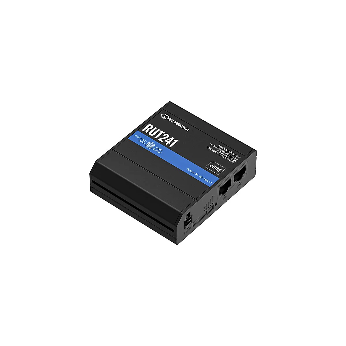 Schwarzer Router mit der Aufschrift RUT241 und Anschlüssen, auf weißem Hintergrund.