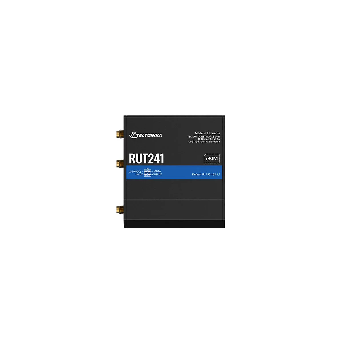 Schwarzer Router RUT241 mit Antennen, Text: Teltonika, eSIM, Default IP 192.168.1.1, Made in Lithuania.