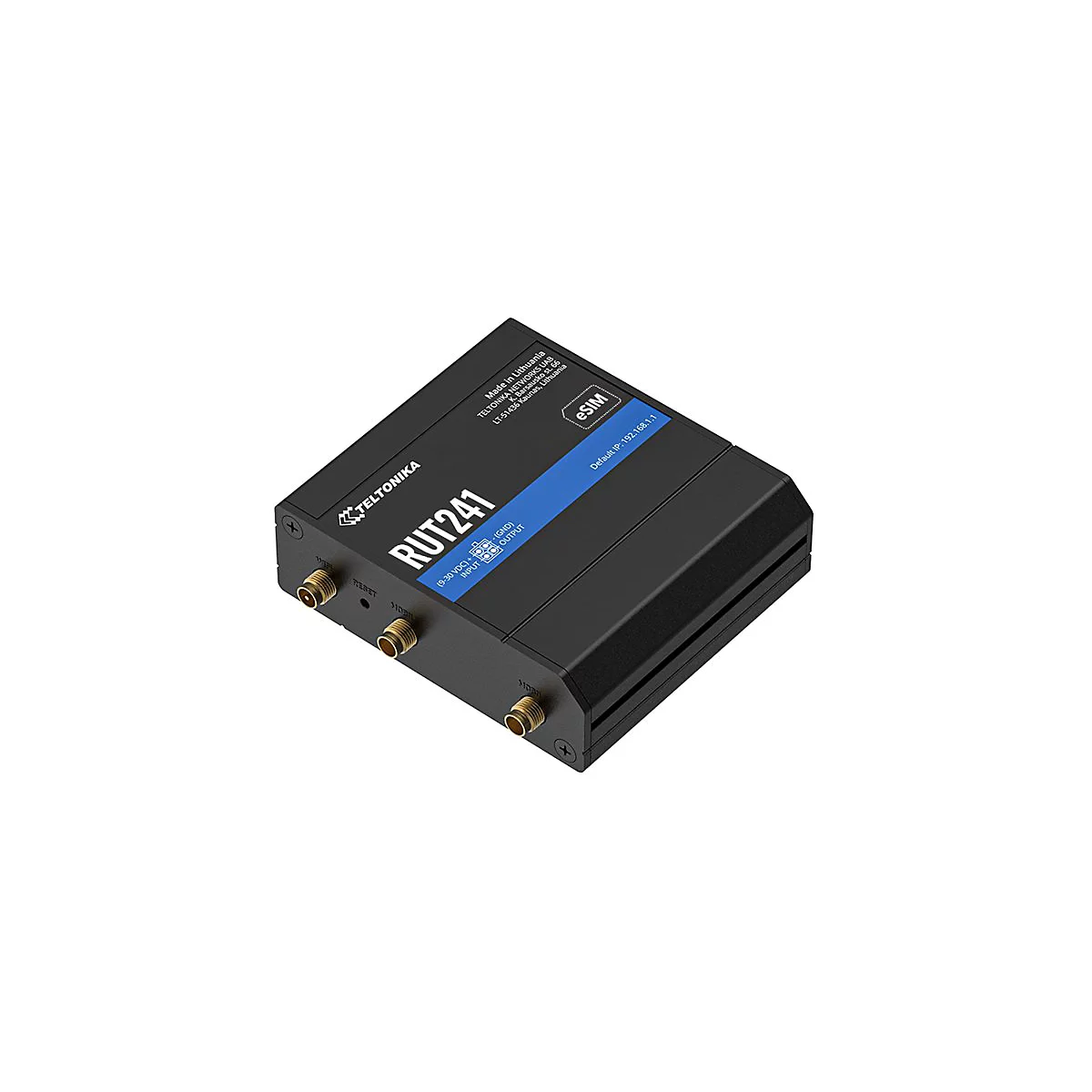 Schwarzer Router mit "RUT241" Aufdruck, eSIM-Logo und technischen Details.