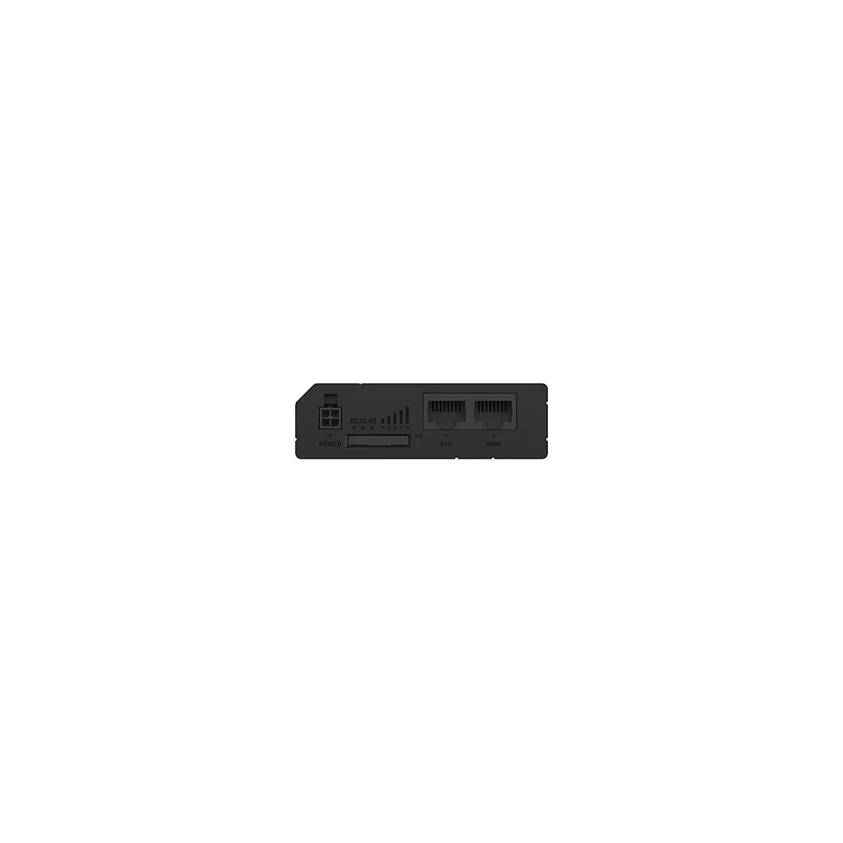 Schwarzes Netzwerkgerät mit Anschlüssen und Anzeigen. Beschriftungen: Power, LAN, WAN, 2G 3G 4G.