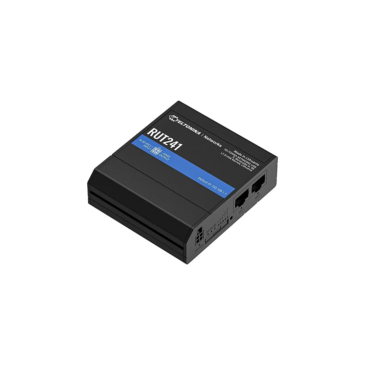 Schwarzer Router mit der Aufschrift RUT241, Hersteller Teltonika. Blaue Leiste mit Input/Output Angaben und Default IP.