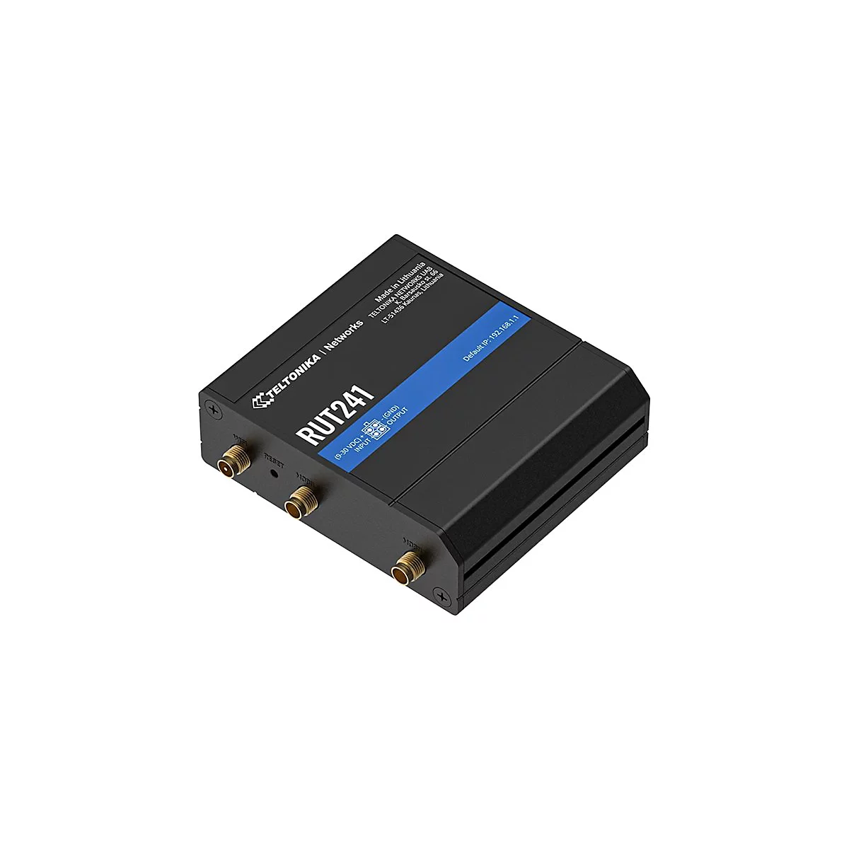 Ein schwarzes, rechteckiges Gerät mit goldenen Anschlüssen. Aufschrift: RUT241. Details: Input, Output, Default IP.