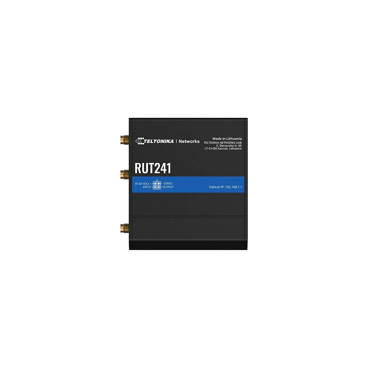 Ein schwarzer Teltonika RUT241 Router mit Antennenanschlüssen und blauer Beschriftung. Text: RUT241, Made in Lithuania, Default IP: 192.168.1.1.