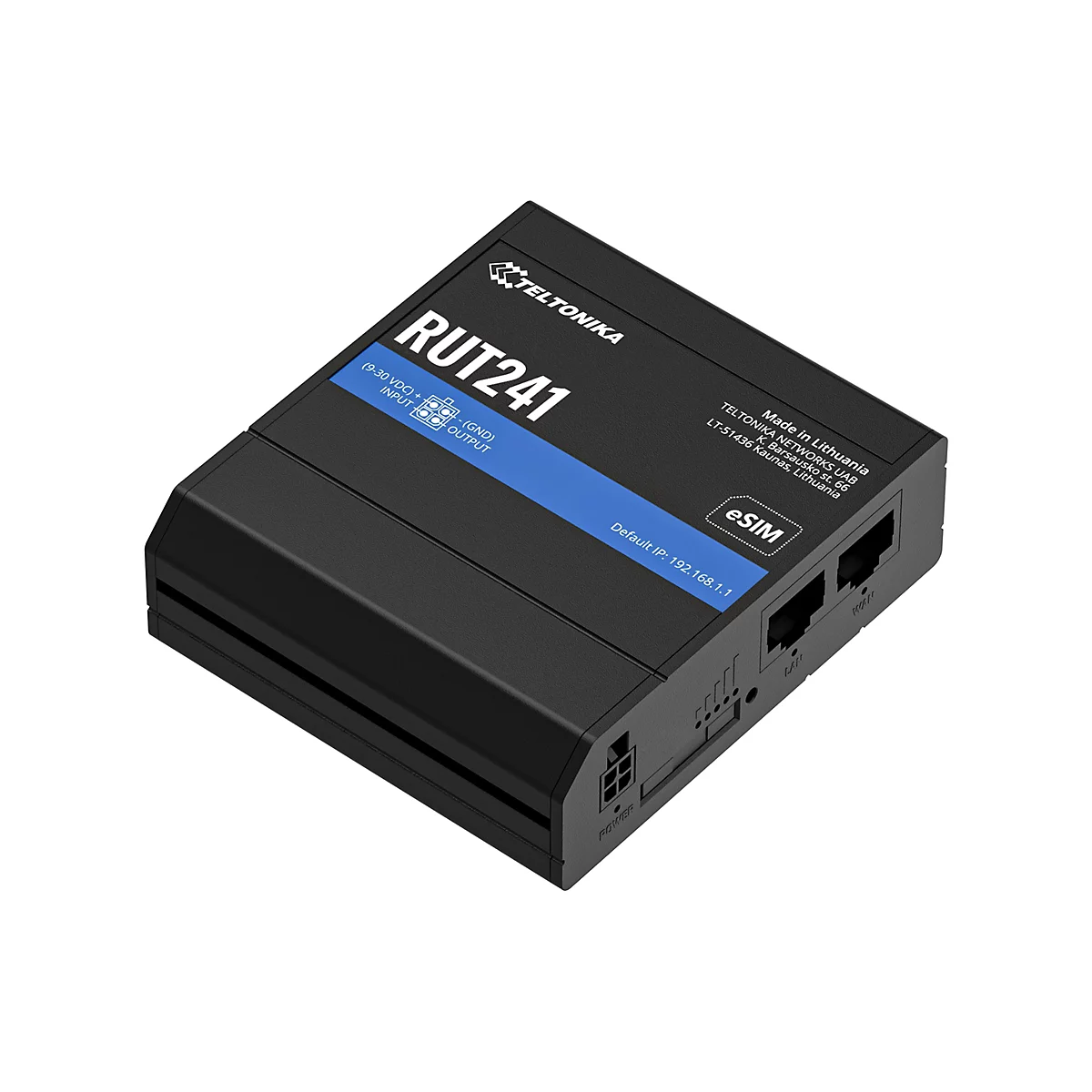Ein schwarzer Router, RUT241, mit blauen Akzenten, Anschlüssen und Schriftzug. Aufschrift: eSIM, hergestellt in Litauen.