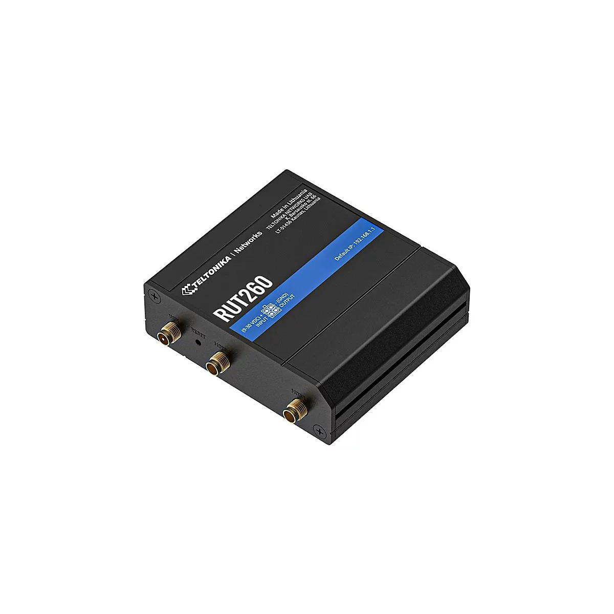 Schwarzes Netzwerkgerät RUT260 mit Anschlüssen, Beschriftungen und der Aufschrift "TELTONIKA | Networks".