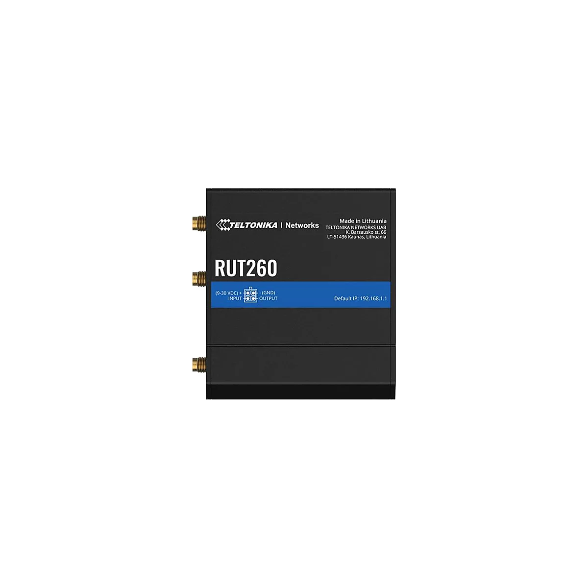 Schwarzer Router mit drei Antennen, Schriftzug RUT260 und technische Angaben. Der Router hat blaue und weiße Beschriftungen.