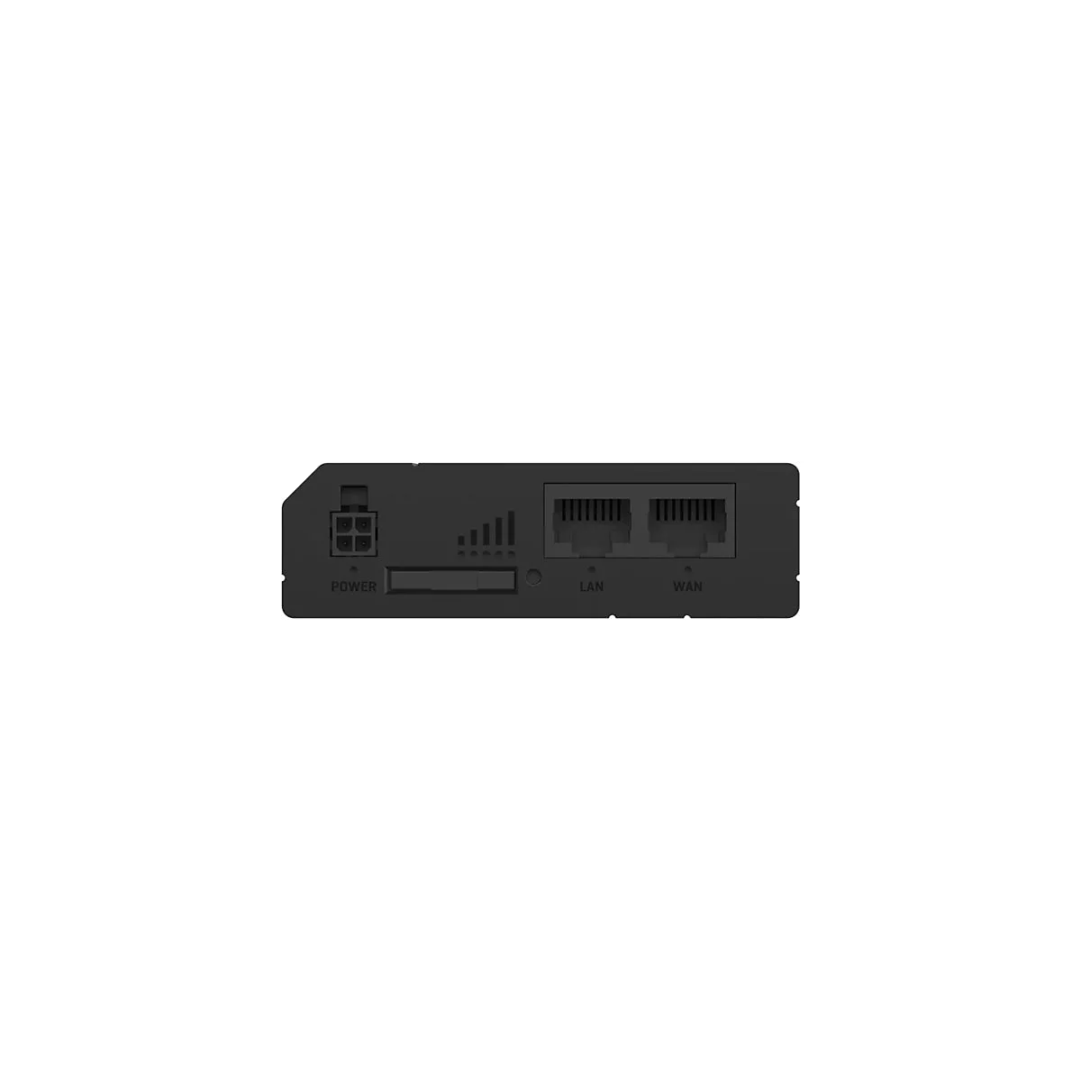 Schwarzes Netzwerkgerät mit Anschlüssen und Anzeigen. Beschriftungen: Power, LAN, WAN.