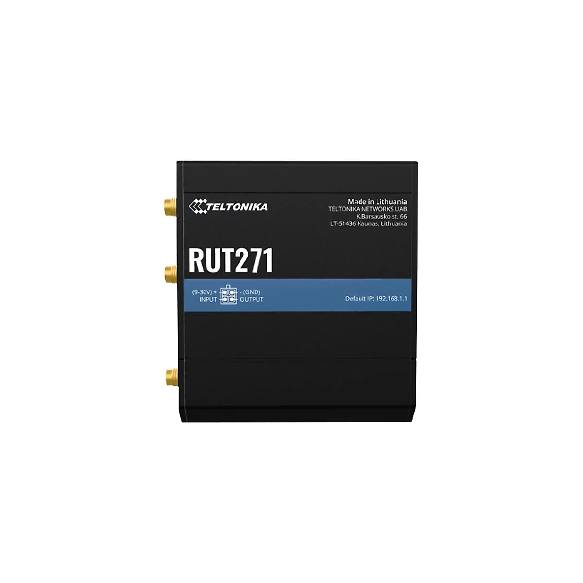 Schwarzer Router mit "RUT271" und "TELTONIKA" Aufschrift. Anschlüsse und technische Daten. Aufschrift: "Made in Lithuania".