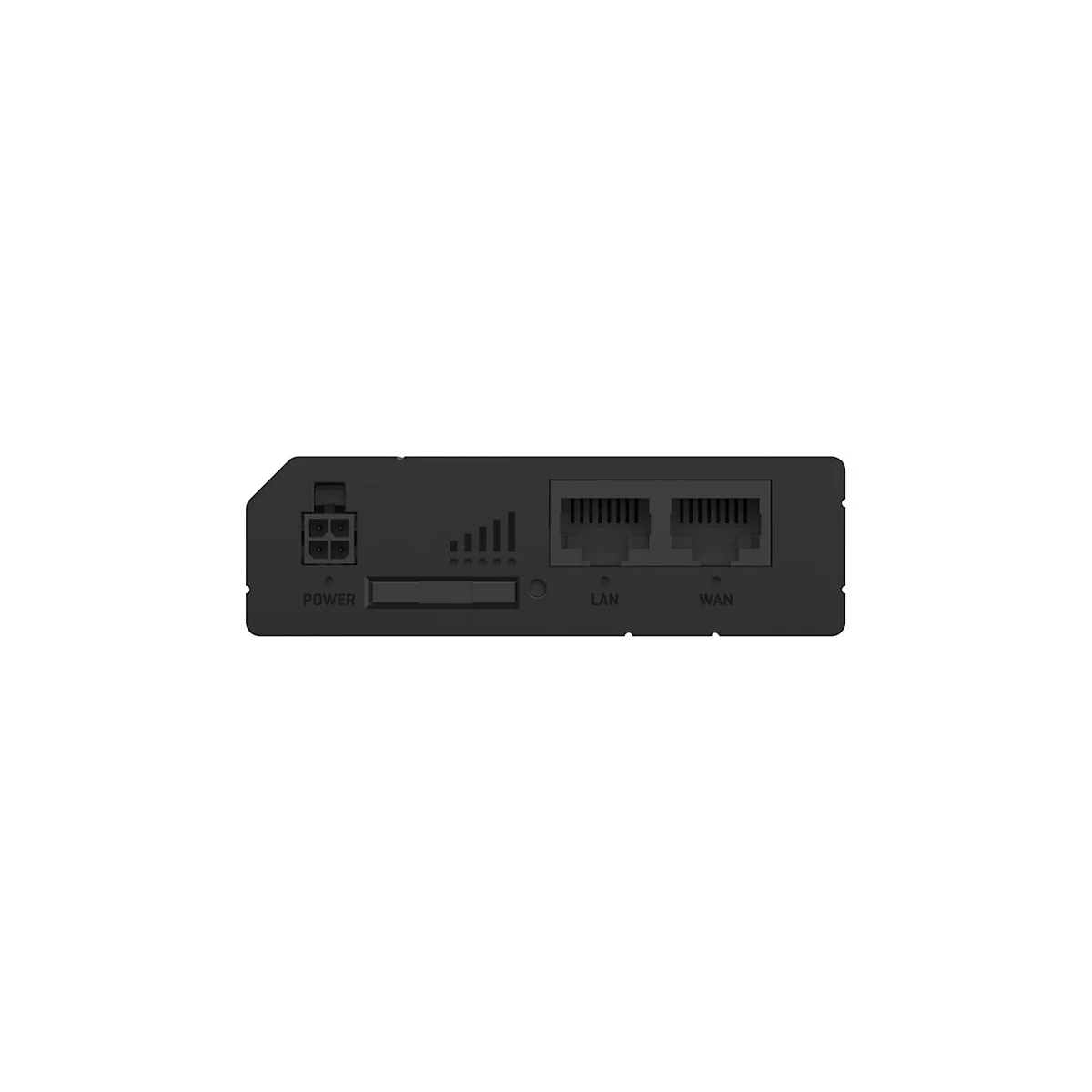 Schwarzes Netzwerkgerät mit Anschlüssen für LAN, WAN, Power-Eingang und LED-Anzeige.