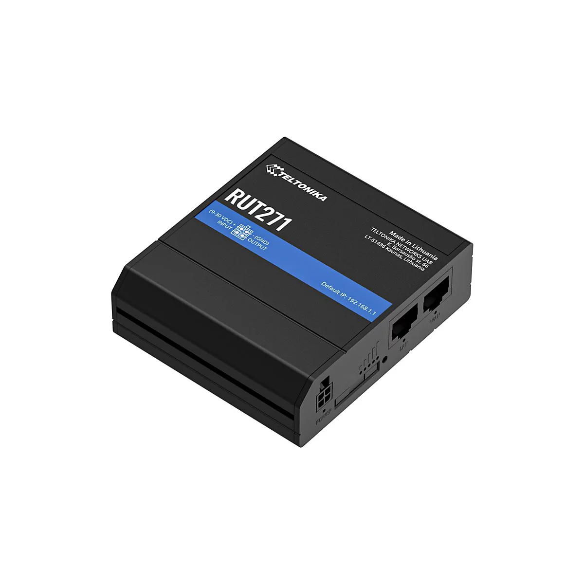 Schwarzer Router mit blauen Akzenten, RUT271 beschriftet. Text: TELTONIKA, Default IP: 192.168.1.1, Made in Lithuania. Anschlüsse und LEDs sind sichtbar.